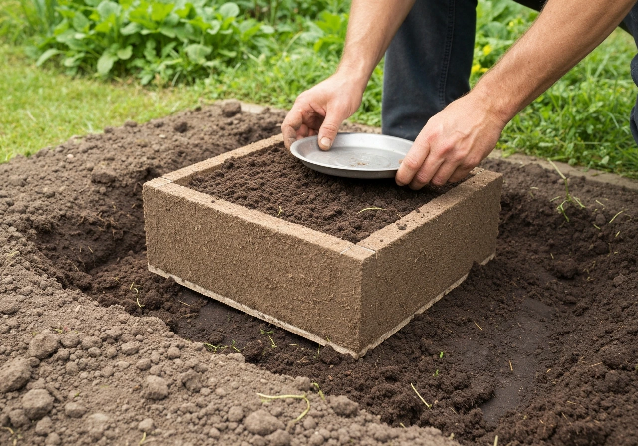 Mains en train de découper et soulever un carré de gazon avec racines pour le replanter.
