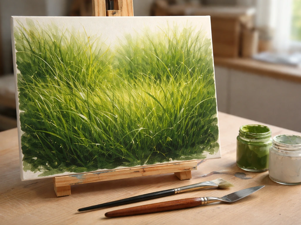 Tableau en cours avec de l’herbe réaliste en couches, brosses et pots de peinture à côté, lumière naturelle.