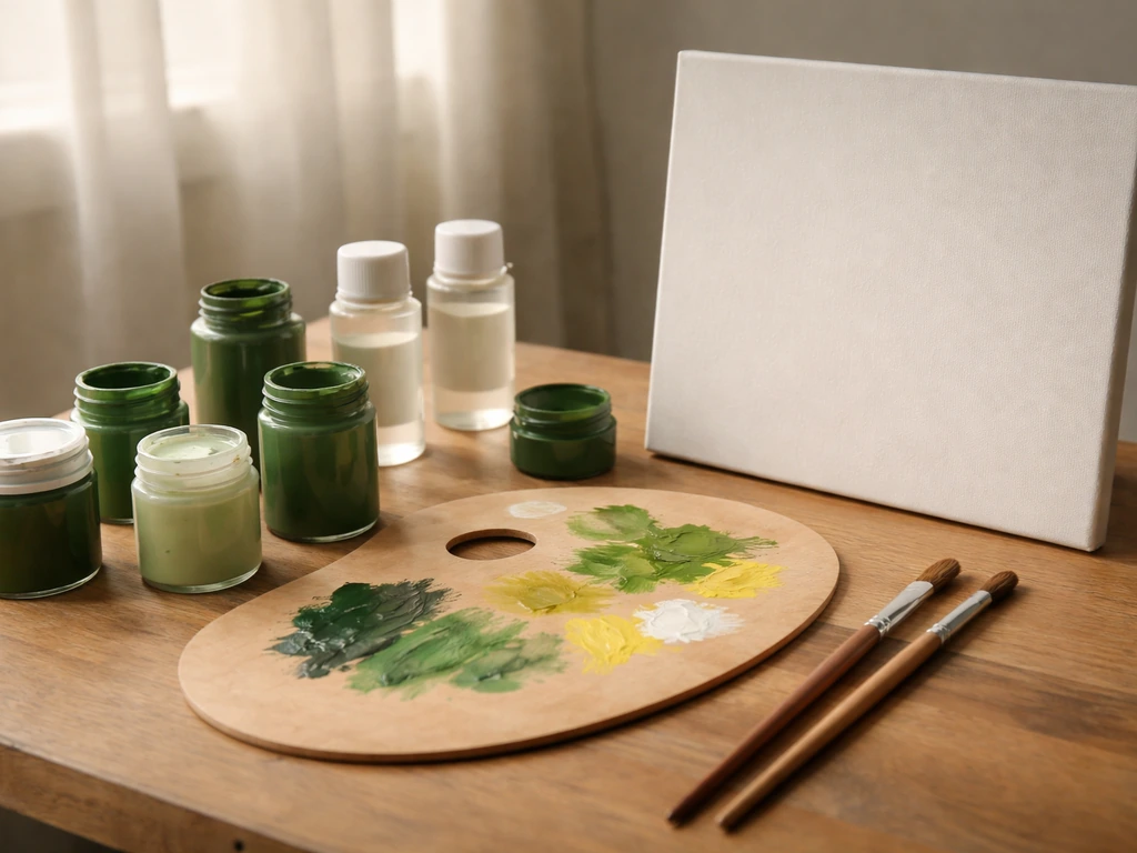 Gros plan sur des pots de peinture acrylique verts, médiums et pinceaux, avec une toile prête à peindre
