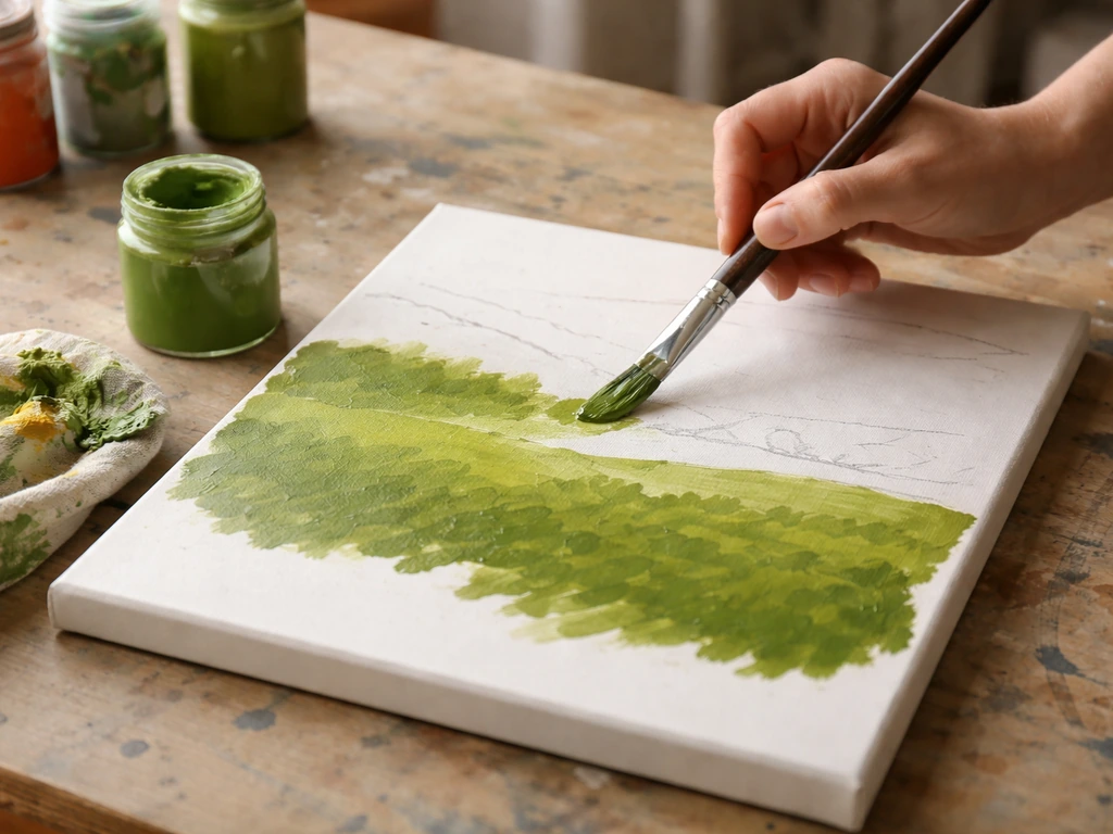 Mains anonymes peignant les premiers aplats verts sur une toile en coton tendue dans un atelier.