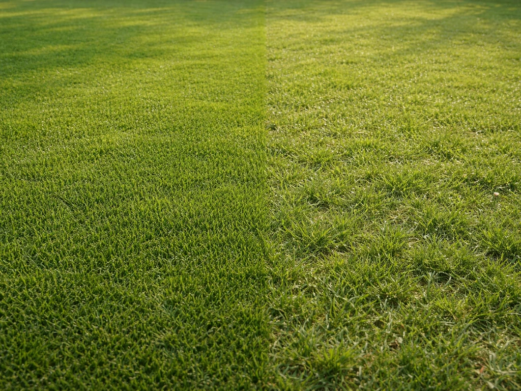 Deux zones de pelouse contrastées, montrant une herbe dense et une herbe rase aux traits visibles.