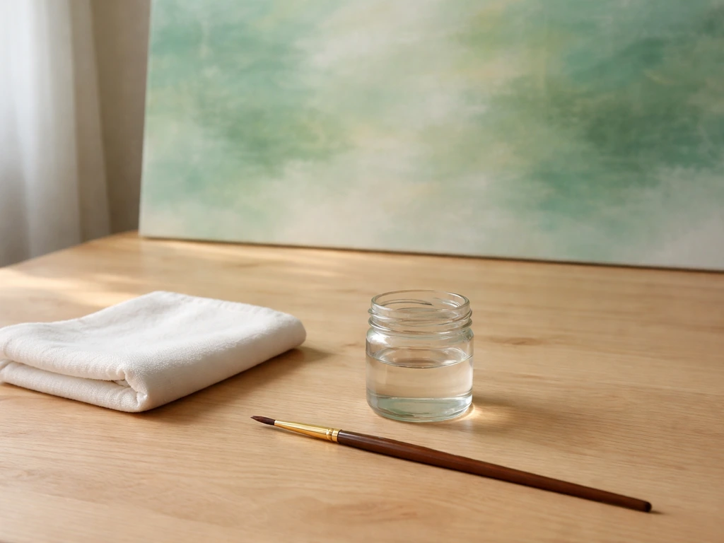 Brosse fine et glacis sur une table d’atelier, toile propre et sèche prête à recevoir un vernis.