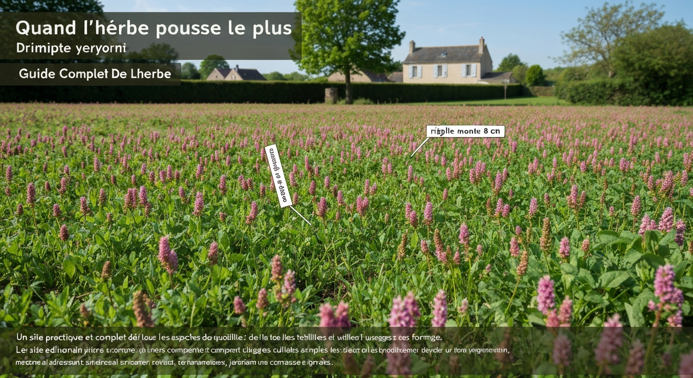 Pelouse printanière française en gros plan avec rosée matinale et règle montrant la hauteur de l'herbe (environ 8 cm)