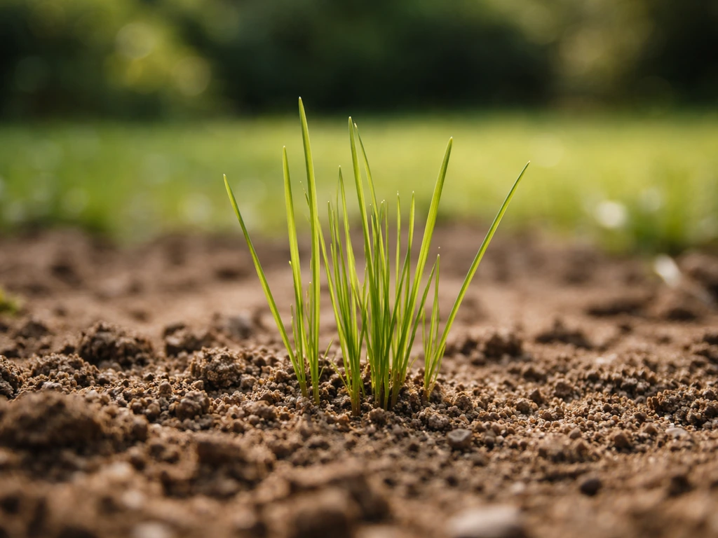 Jeune pousse d’herbe verte au jardin, terre encore visible, vue rapprochée et fond flou.