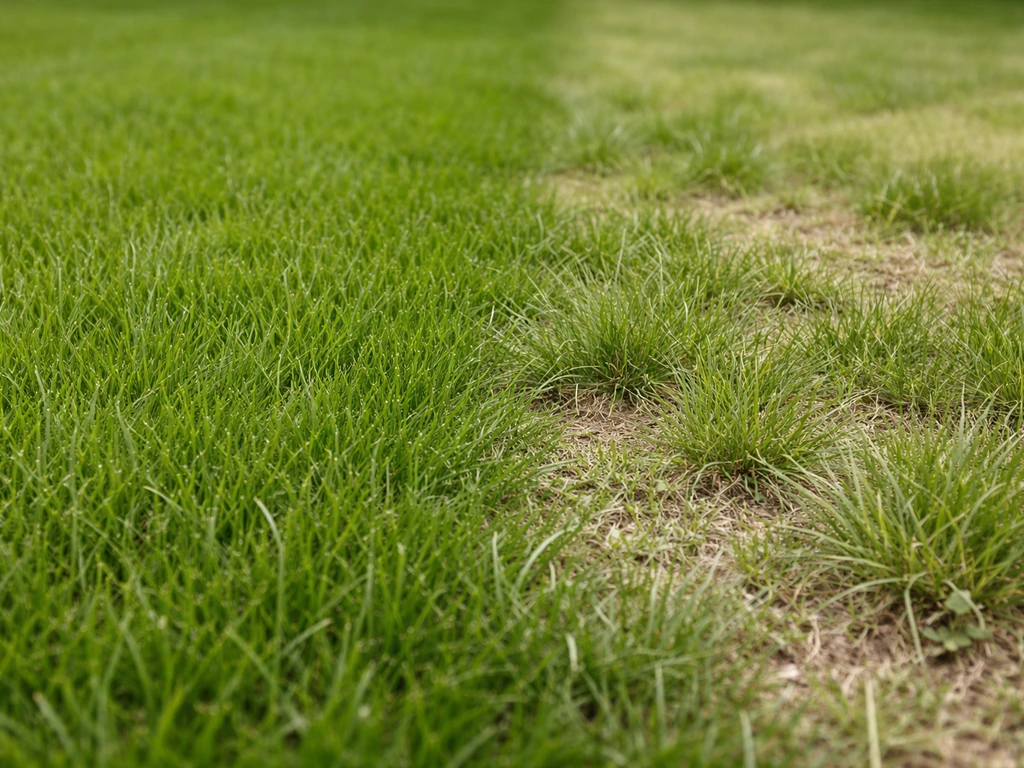 Gros plan de deux zones de pelouse : herbe verte uniforme à gauche, repousse pâle et irrégulière à droite.