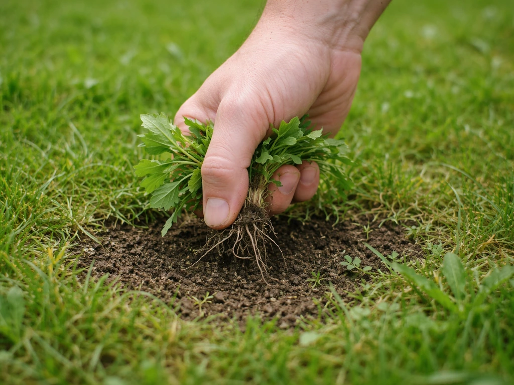 Retrait manuel de jeunes mauvaises herbes dans une pelouse, motte visible, sol humide près d’une zone claire.