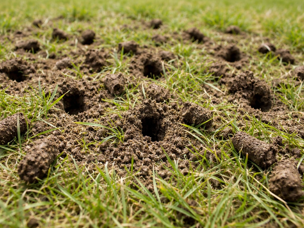 Pelouse jeune après aération mécanique : trous et terre remontée visibles, brins d’herbe autour.