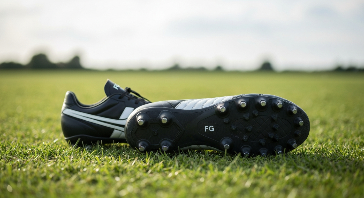 Gros plan d'une paire de chaussures de football montrant des crampons moulés FG sur gazon ferme.