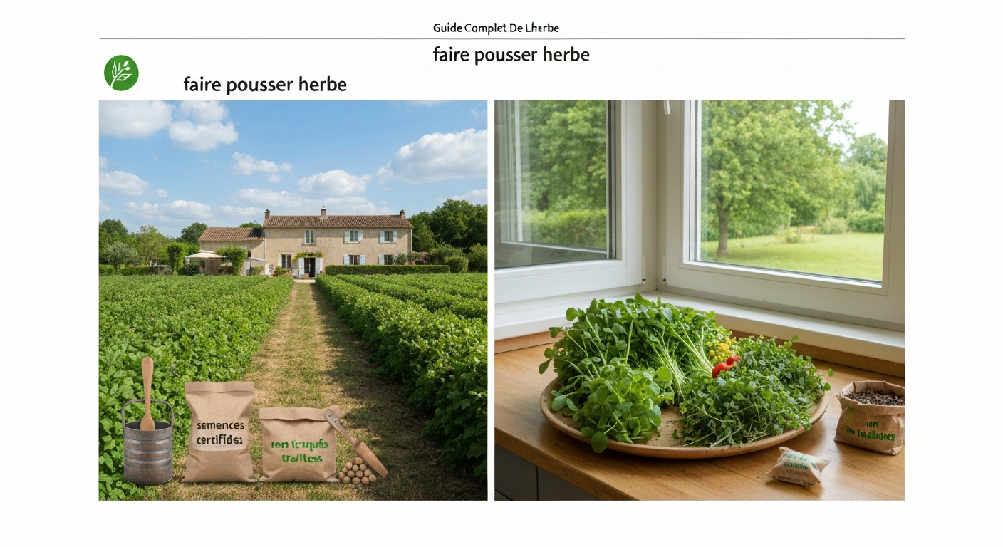 Image divisée : à gauche pelouse verte et outils de jardinage devant une maison française ; à droite plateau d'herbe de blé/orge sur une table de cuisine, sachets de semences 'non traitées'.