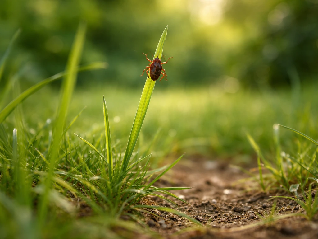 Gros plan au ras du sol : une tique Ixodes accrochée à une tige d’herbe, jardin naturel en arrière-plan flou.
