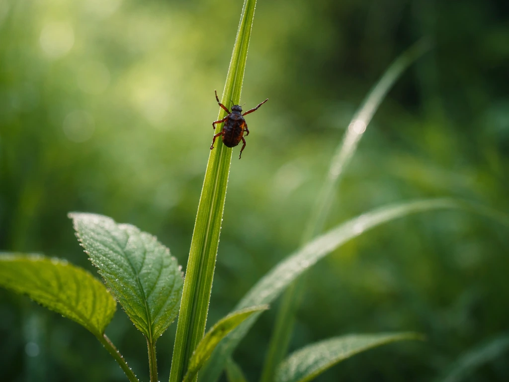 Gros plan sur une tique accrochée à une tige d’herbe haute, herbe et feuilles vertes au premier plan.