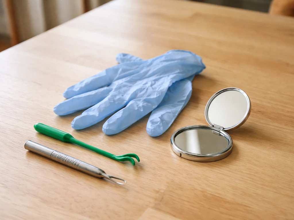 Tire-tique, gants et petit miroir posés sur une table, prêts à inspecter et retirer une tique.