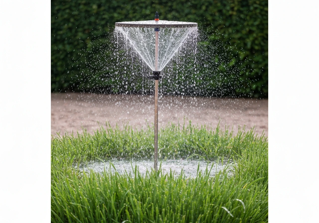 Gazon vert arrosé en pluie fine, gouttelettes visibles sur l’herbe par un micro-aspersion discret.