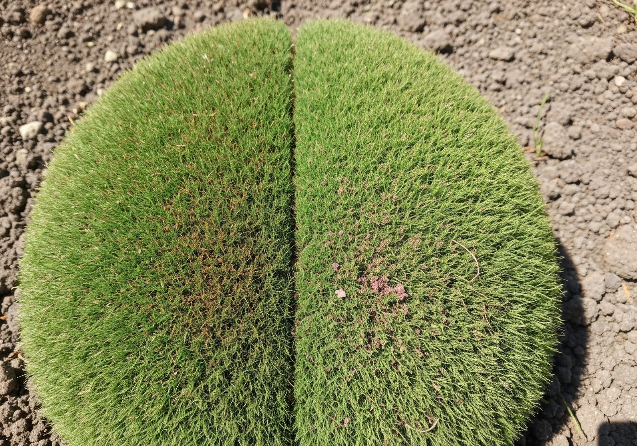 Comparaison de deux zones de pelouse : à gauche terne et brunie, à droite vert dense et hydraté.