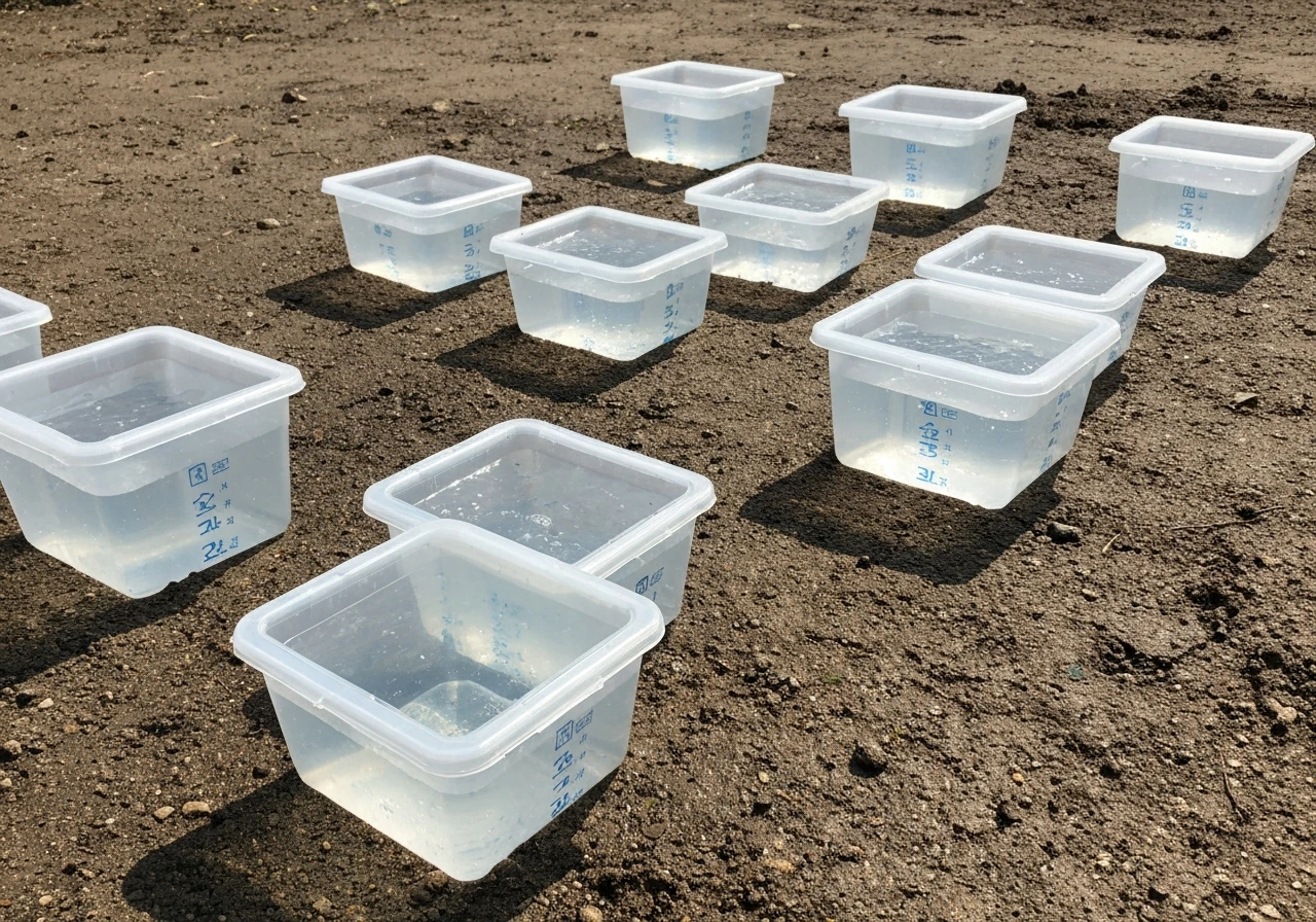 Plusieurs boîtes de thon vides disposées en rangées sur la terre après arrosage, eau uniformément répartie.