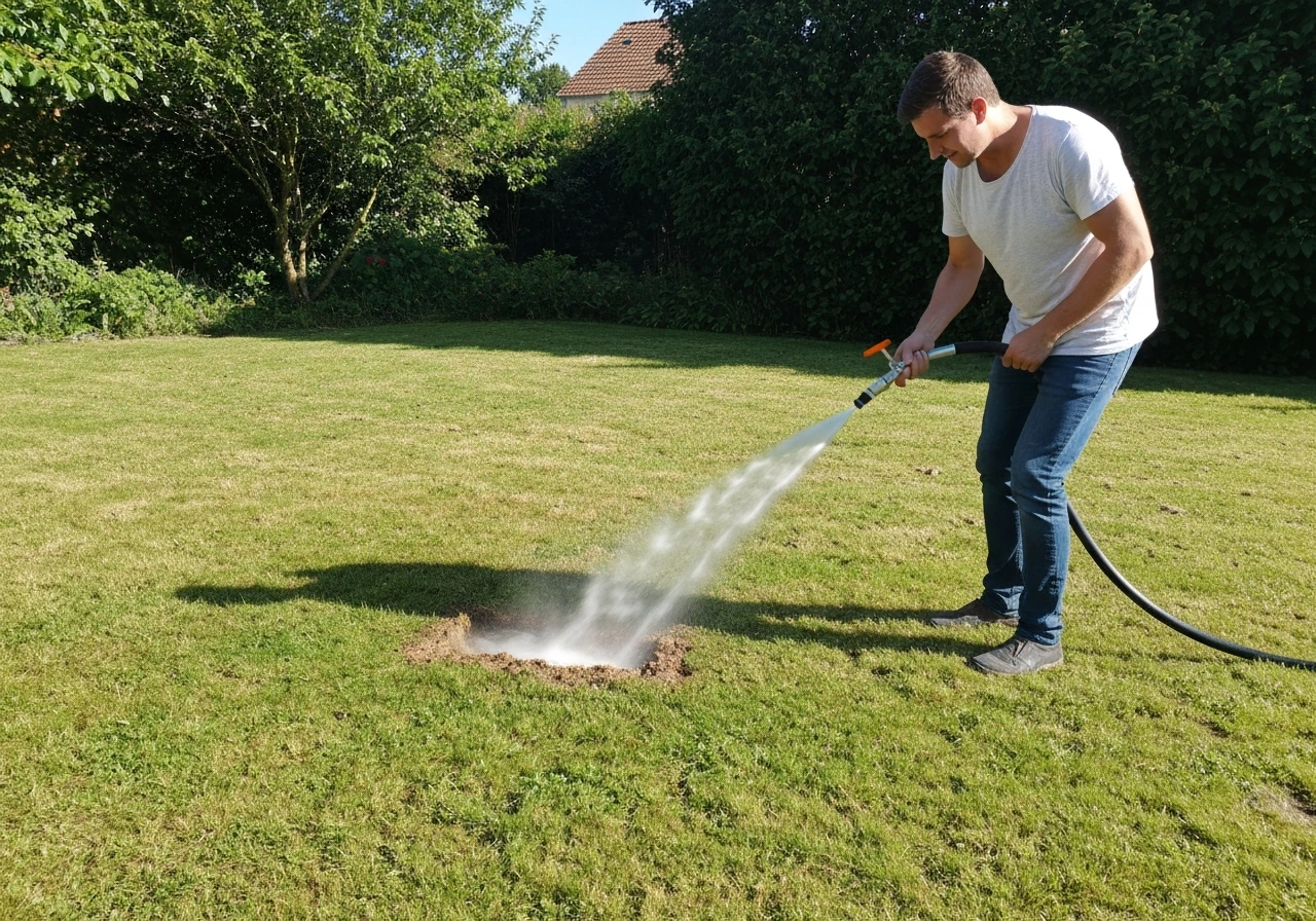 Arroseur réglable sur une pelouse, jet dirigé vers une zone et herbe juste humidifiée, en jardin calme.