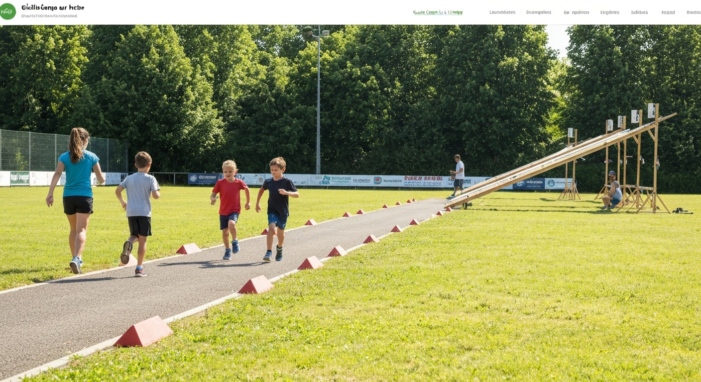 Famille pratiquant le biathlon sur herbe sur la pelouse d'un club, course et pas de tir laser visibles.