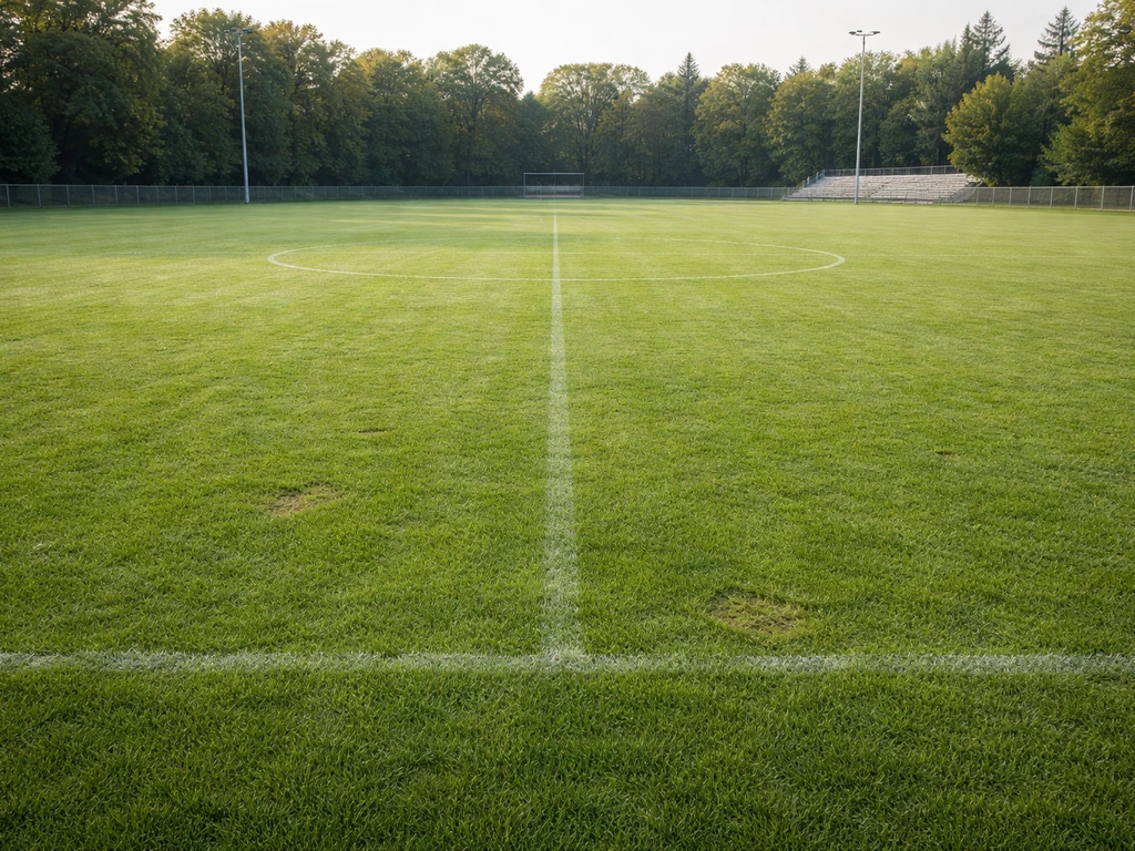 Terrain de foot en herbe aux lignes au sol, pelouse naturelle uniforme et texture bien visible, sans personnes.