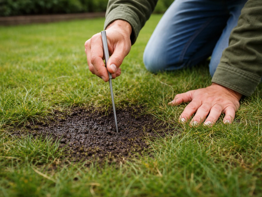 Inspection rapprochée d’un gazon : une sonde dans le sol à côté d’une zone humide, avant toute action