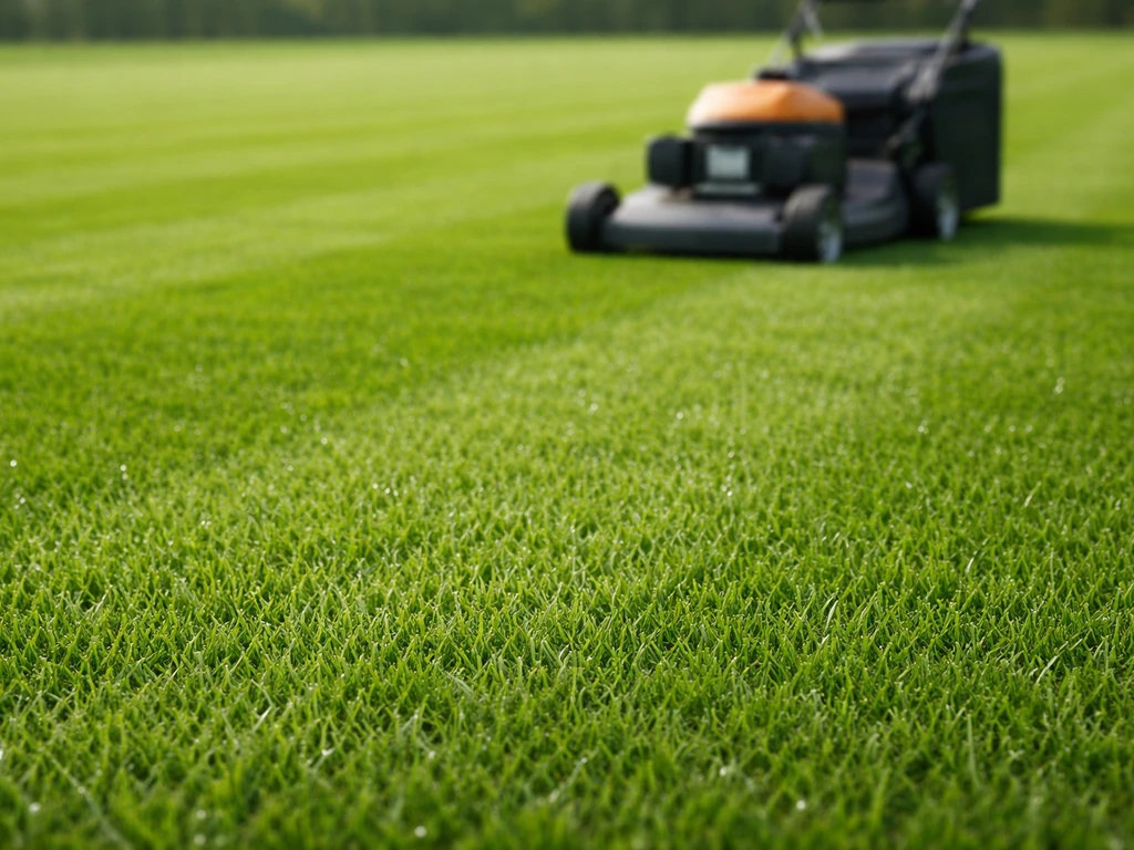 Pelouse de terrain de foot fraîchement tondue, brins à hauteur maîtrisée autour de 25–28 mm, tondeuse en arrière-plan.