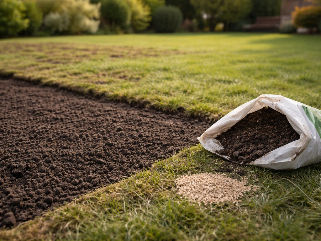 Zone de pelouse découpée et regarnie au premier plan, terre noire et terreau, jardin résidentiel.
