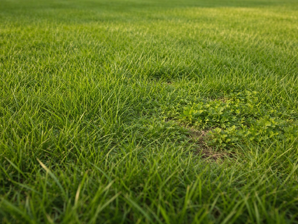 Pelouse française très verte avec petites zones d’herbe et quelques pousses d’adventices, vue rapprochée.