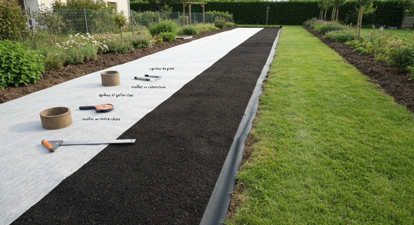 Géotextile posé sur herbe avec gravier, herbe qui perce et outils de pose visibles
