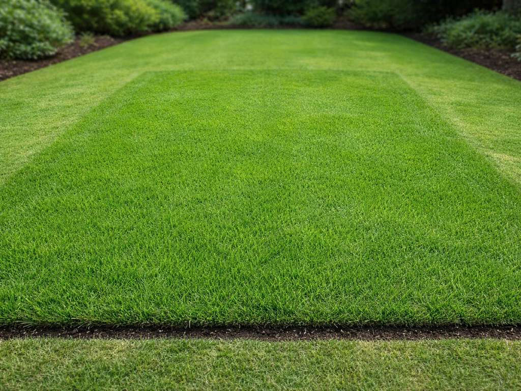 Carré d’herbe dense et bien délimité avec bordures nettes, pelouse propre et régulière.