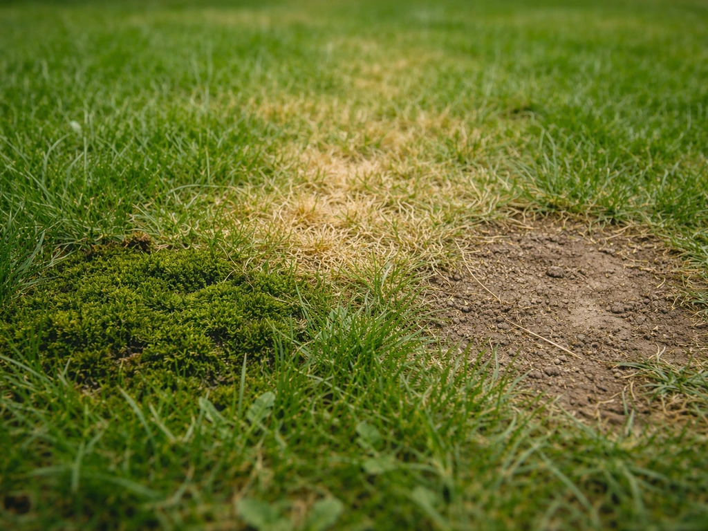 Carré d’herbe vue de près avec mousse, herbe jaunie et sol compacté à diagnostiquer.