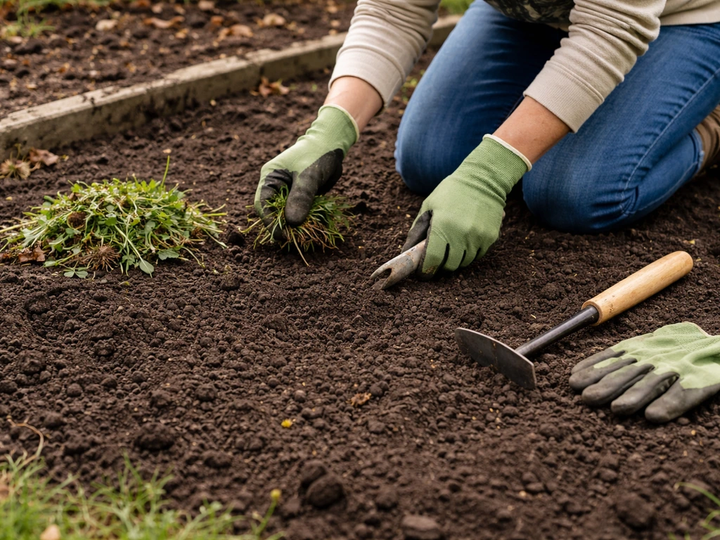 Désherbage manuel avec une binette sur un sol fraîchement préparé, outils de jardin au sol