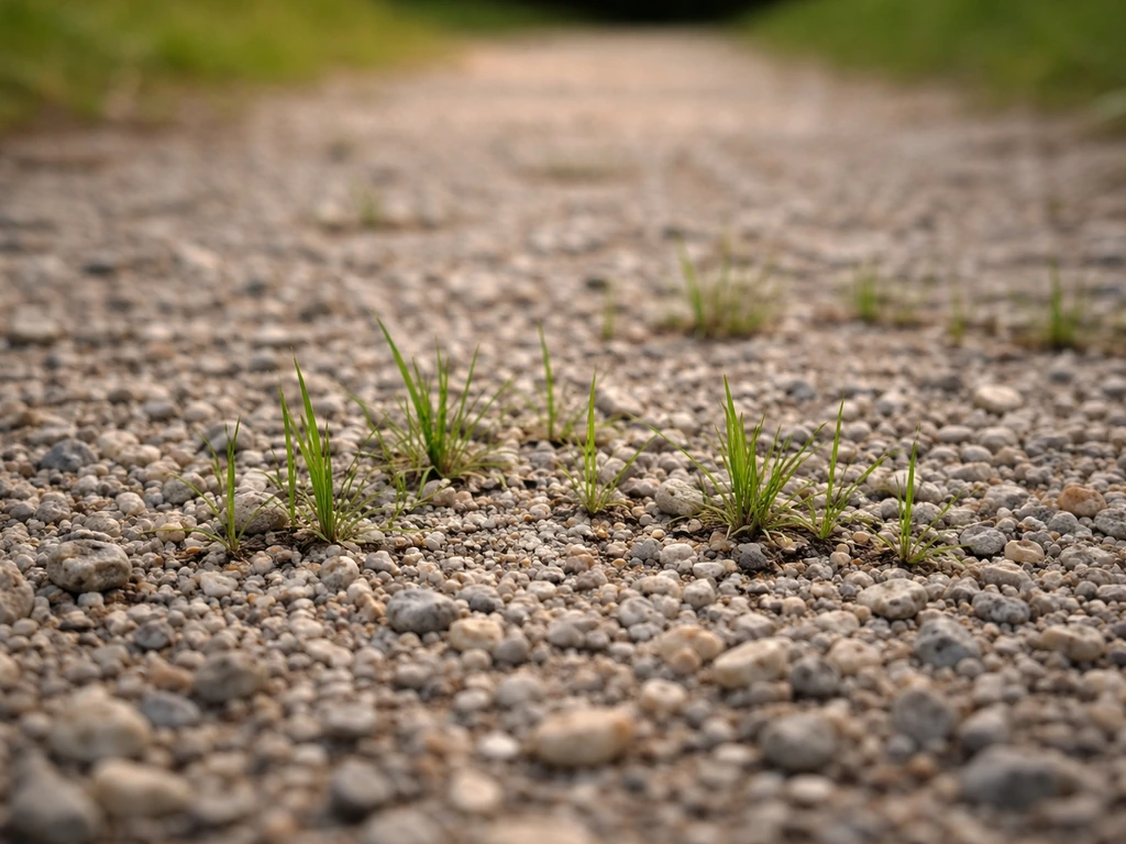 Allée en gravier où de jeunes pousses d’herbe percent entre les pierres, avant l’arrachage.