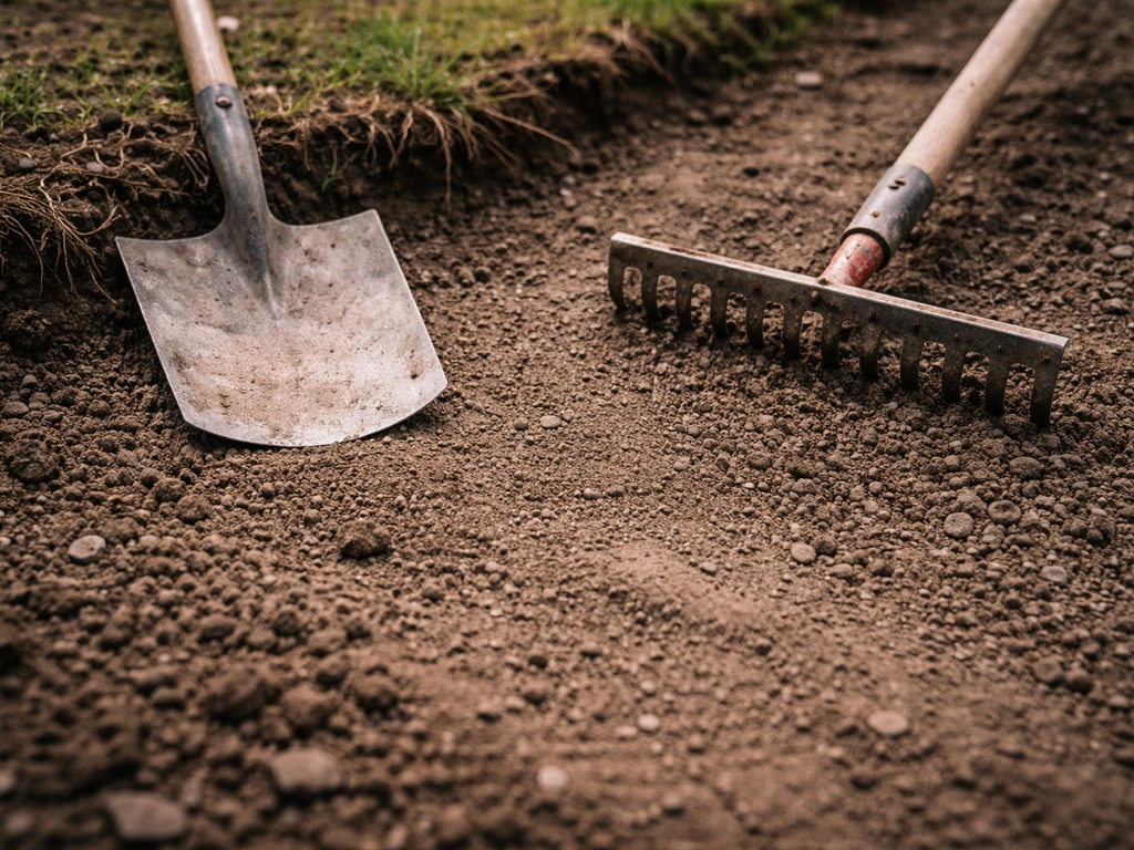 Chantier de décapage : couche superficielle de terre raclée sur 2 à 3 cm, racines et graviers visibles