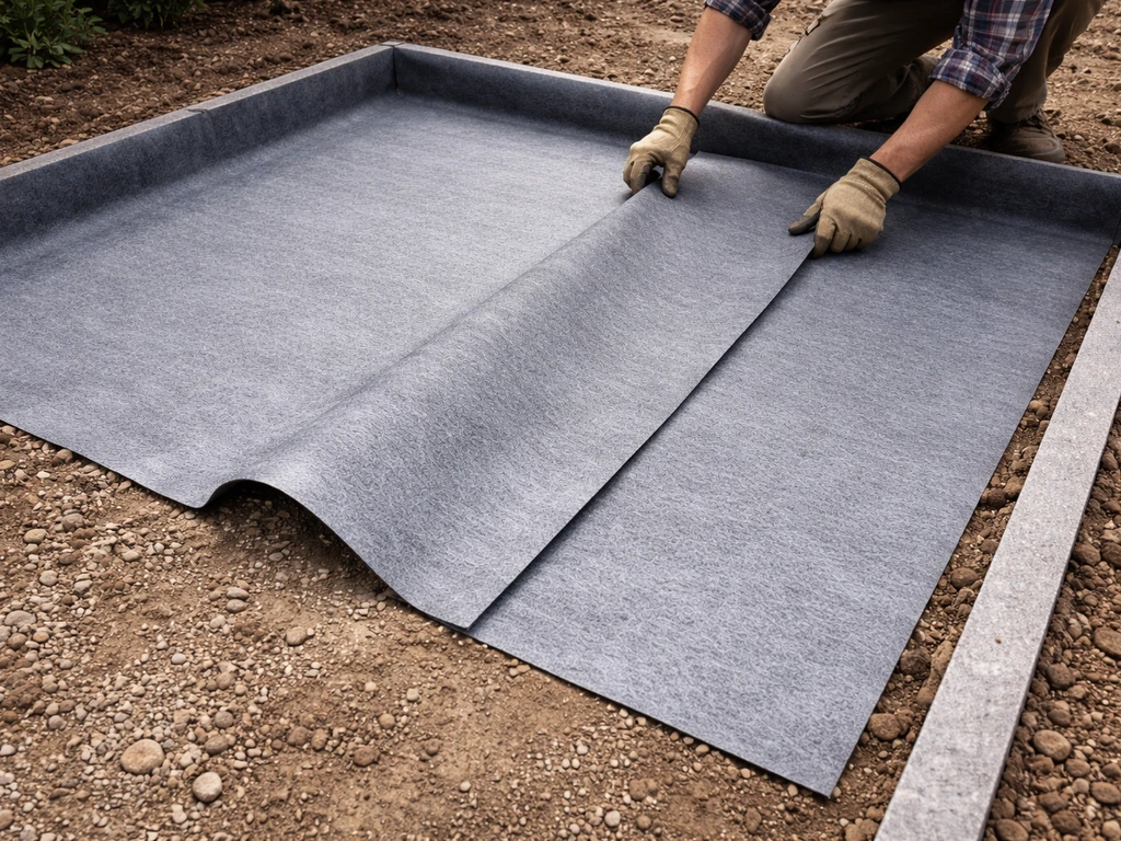 Géotextile déroulé sur une allée, bord relevé et surplomb prêt à être coincé sous les bordures