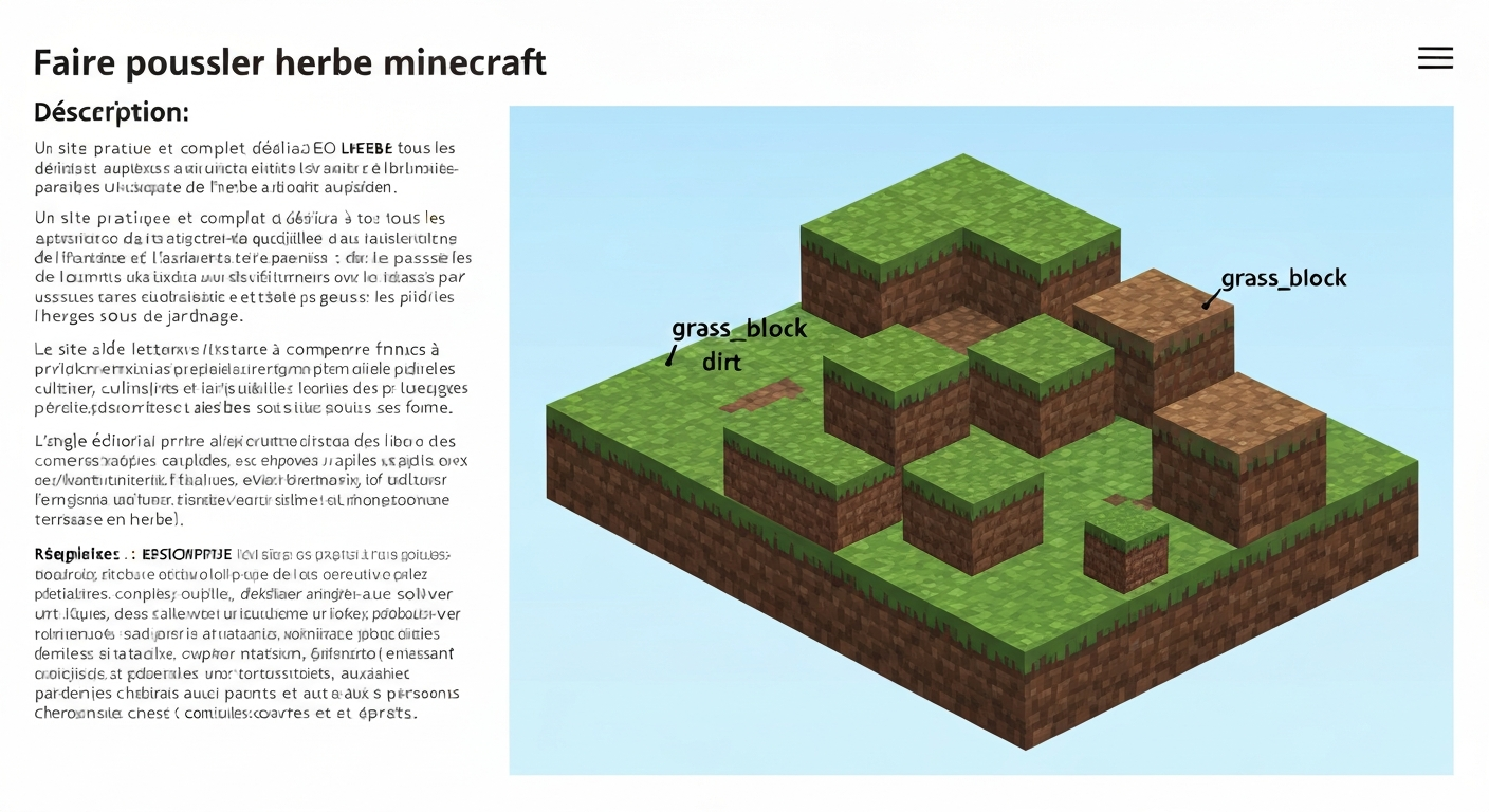 Vue isométrique style Minecraft d'une parcelle montrant un grass_block se propageant sur des blocs de dirt adjacents, en plein jour, étiquettes 'grass_block' et 'dirt'.