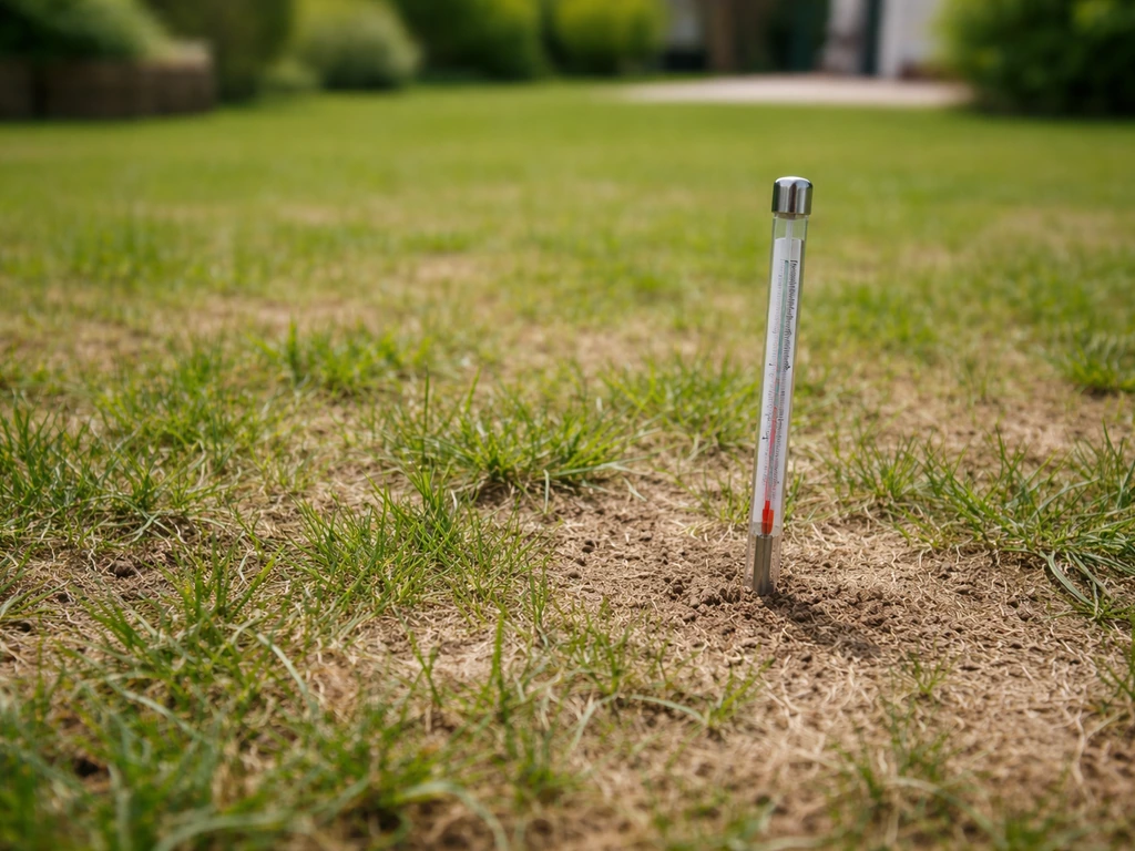 Pelouse avec sol visible et thermomètre de jardin mesurant la température à faible profondeur.