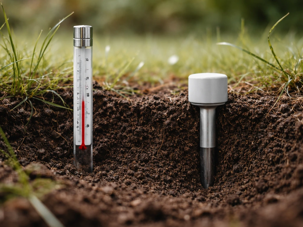 Gros plan au jardin montrant un thermomètre d’air et une sonde de sol à 8–10 cm, sans texte.