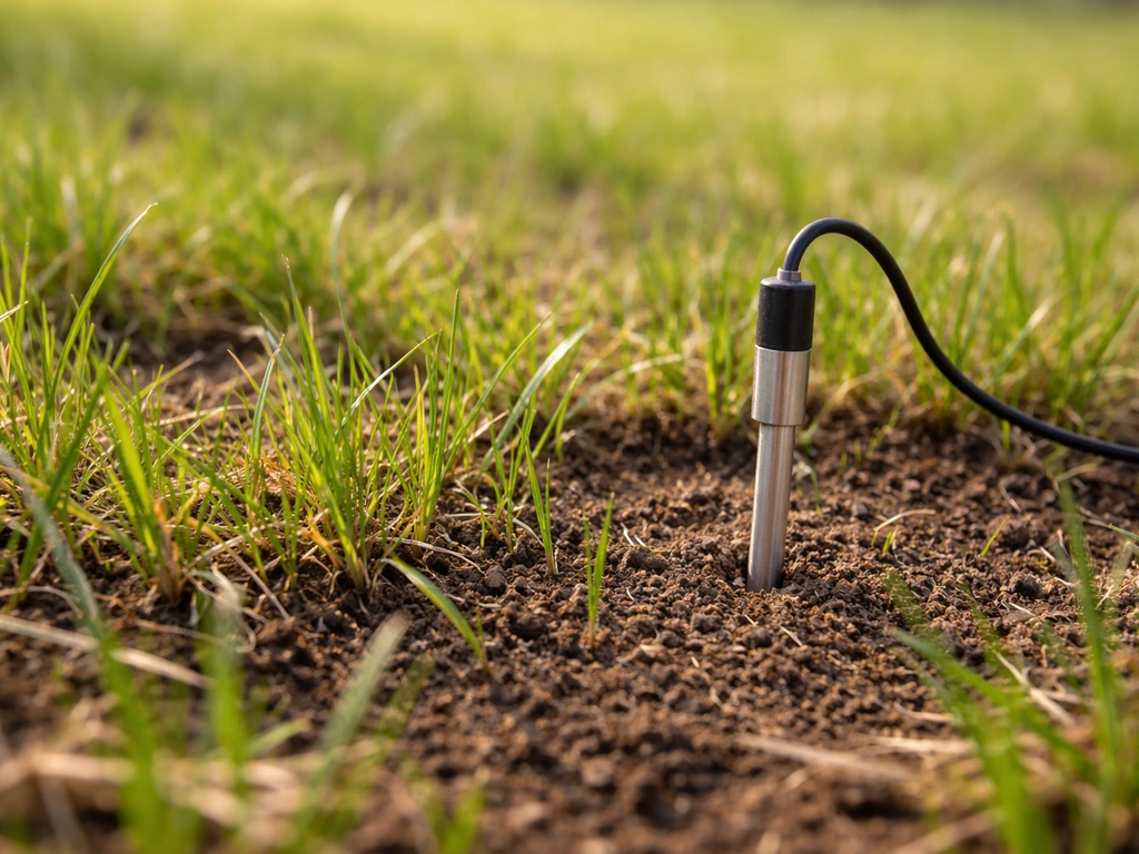Pelouse de printemps avec jeunes pousses et petite sonde de température plantée dans le sol