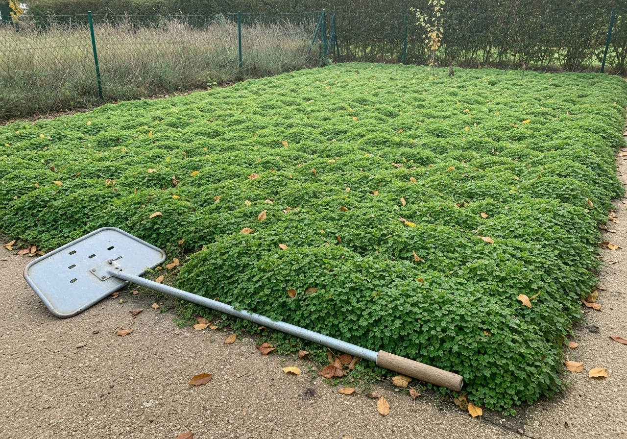 Pelouse verte d’automne uniforme, arrosoir posé près de la pelouse, ambiance jardin au début d’automne.