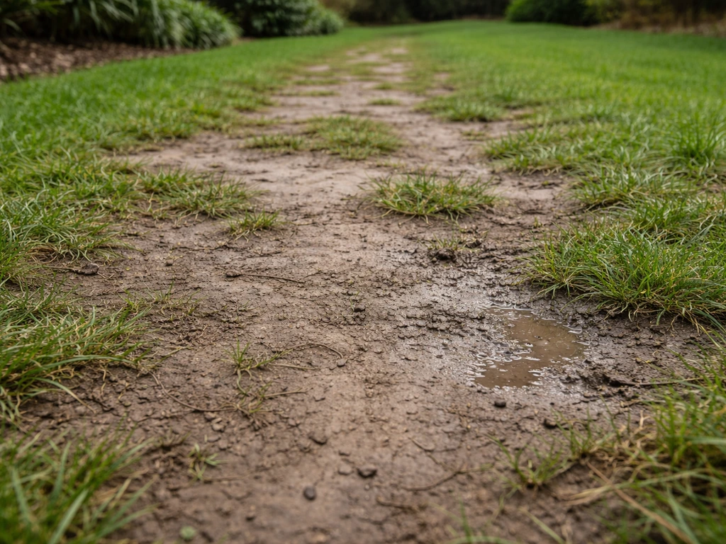 Vue rapprochée d’une piste en herbe de jardin abîmée, zones piétinées et sol clair dénudé.