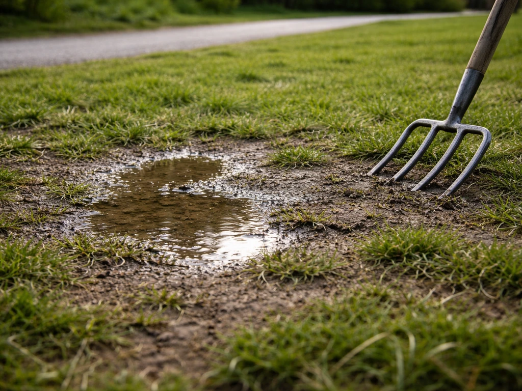 Zone d’herbe compactée avec eau stagnante en surface, suggérant un problème de drainage.