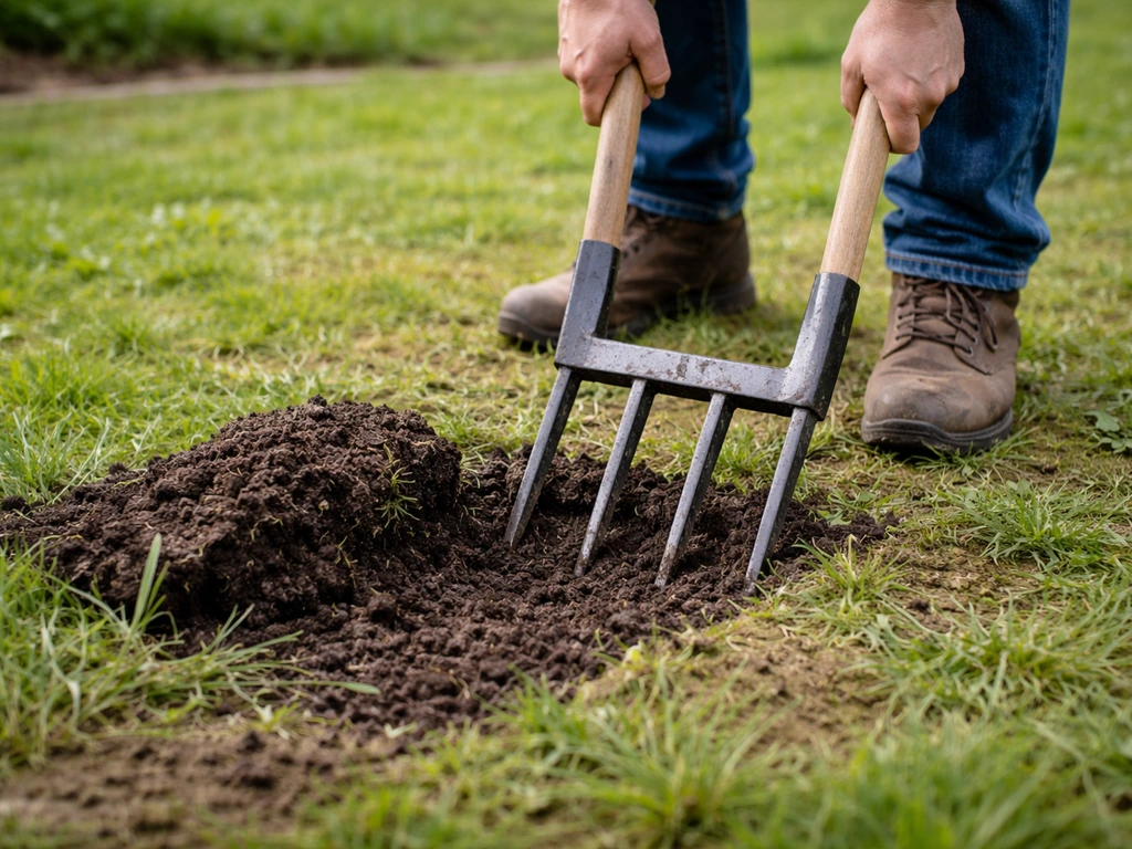 Fourche-bêche enfoncée dans une piste en herbe, terre soulevée pour décompacter le sol.