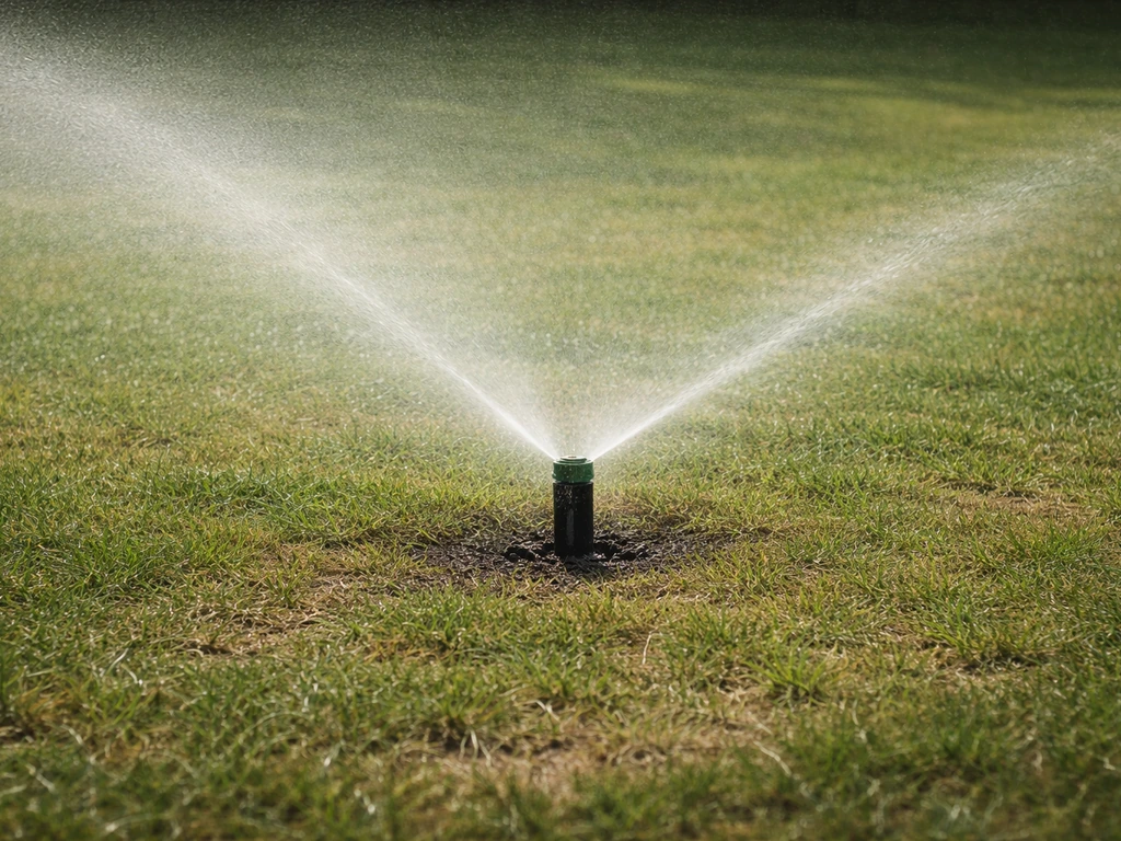 Arroseur en fonctionnement humidifiant profondément une piste en herbe, sans ruissellement visible.