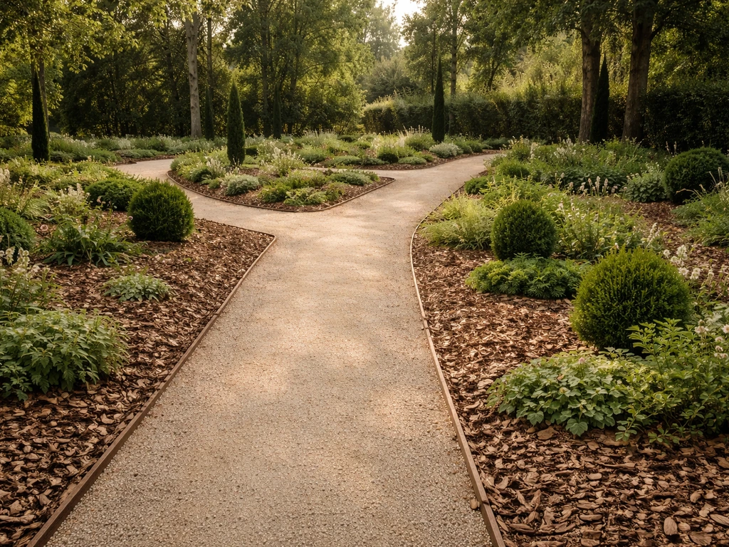 Jardin français propre, sol couvert de paillis et couvre-sols, allées nettes sans herbe apparente.