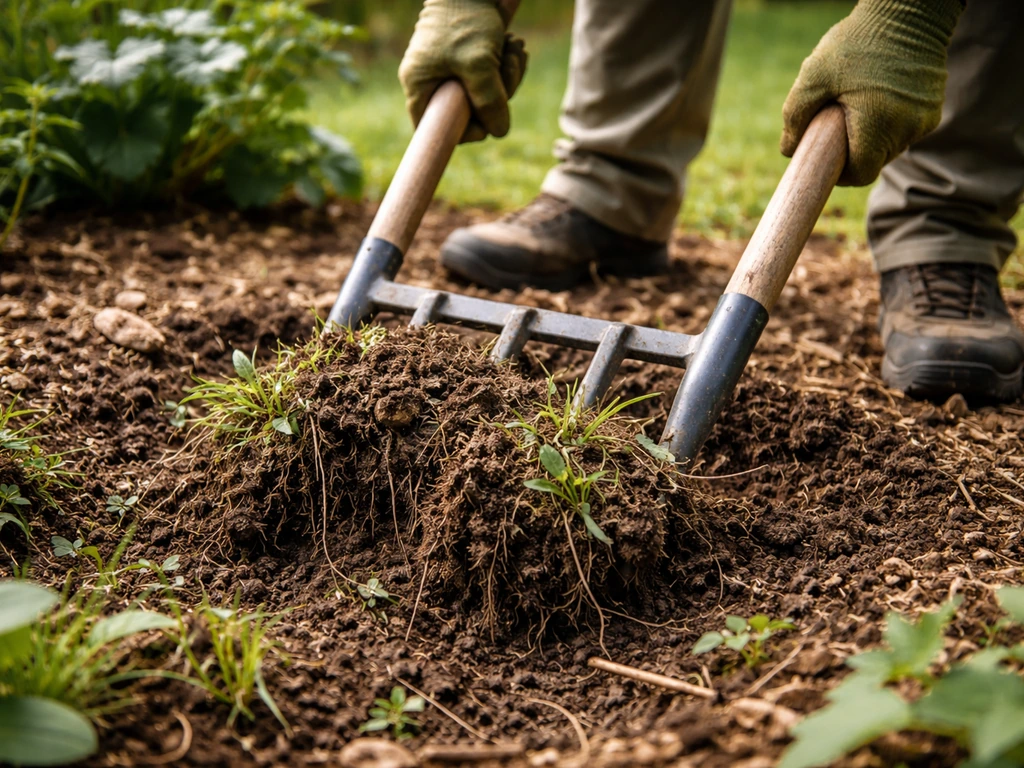 Un jardinier binant à la grelinette, soulevant doucement la terre pour enlever les racines dans un massif