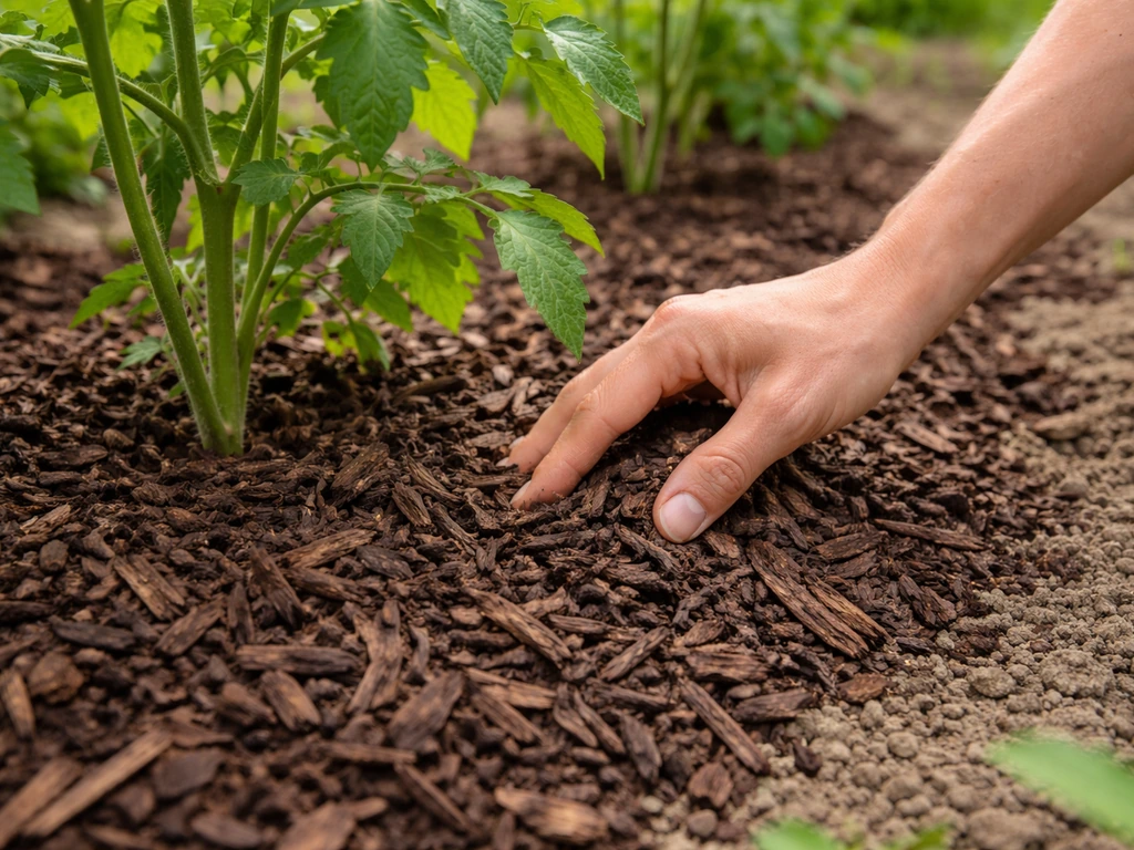 Paillis sombre fraîchement étalé en épaisseur au pied de plantes, ajusté à la main, jardin potager.