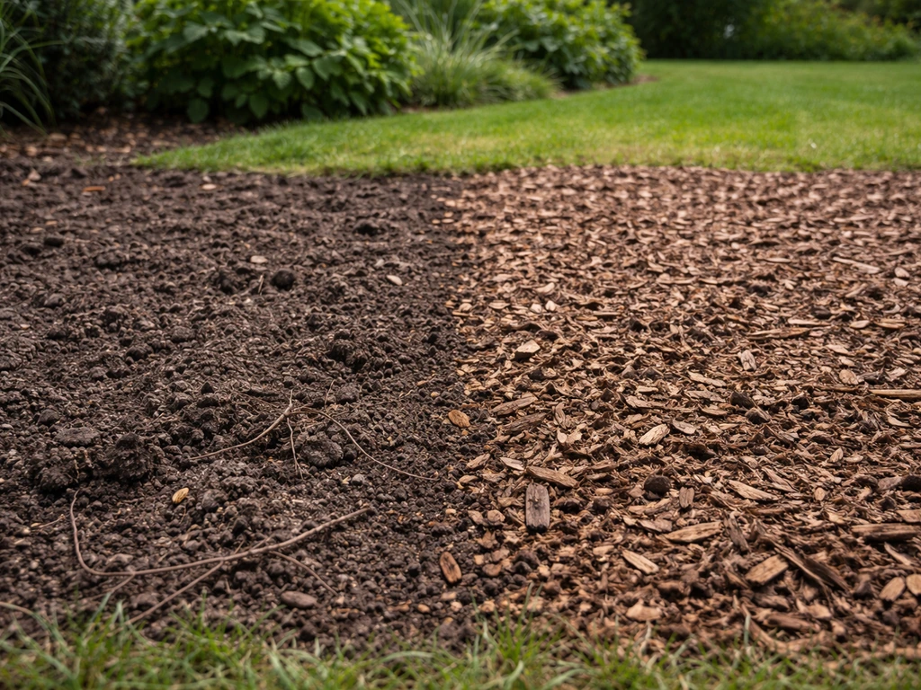 Massif de jardin : terre désherbée à nu à gauche, immédiatement recouverte de paillis à droite.