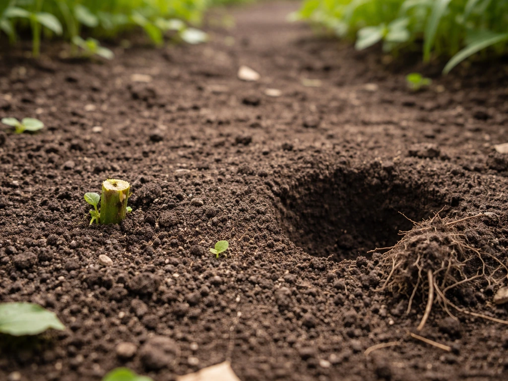 Deux zones de sol : une tige coupée près de la terre humide, et une racine entière retirée ailleurs.