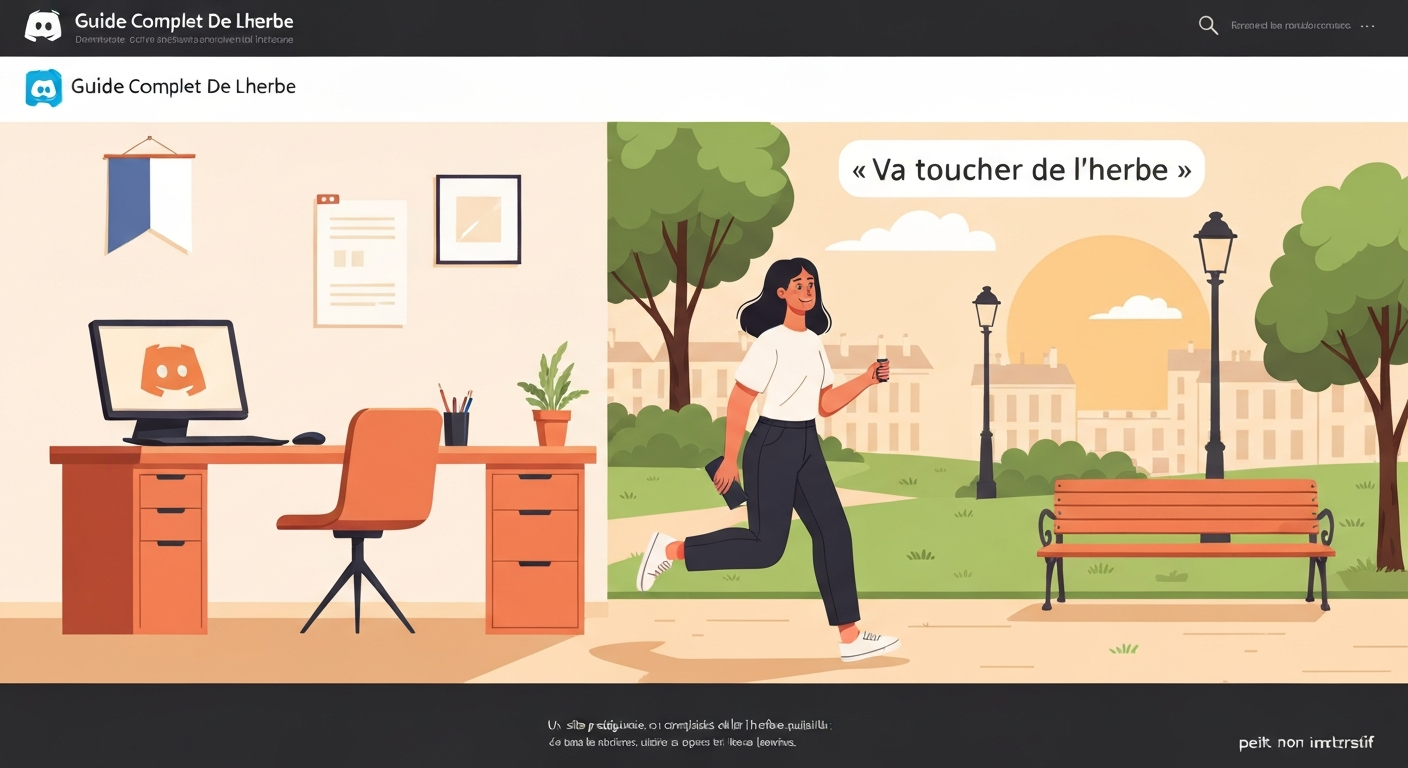 Personne quittant un bureau pour marcher sur une pelouse dans un petit parc urbain, ambiance détendue, style illustration moderne