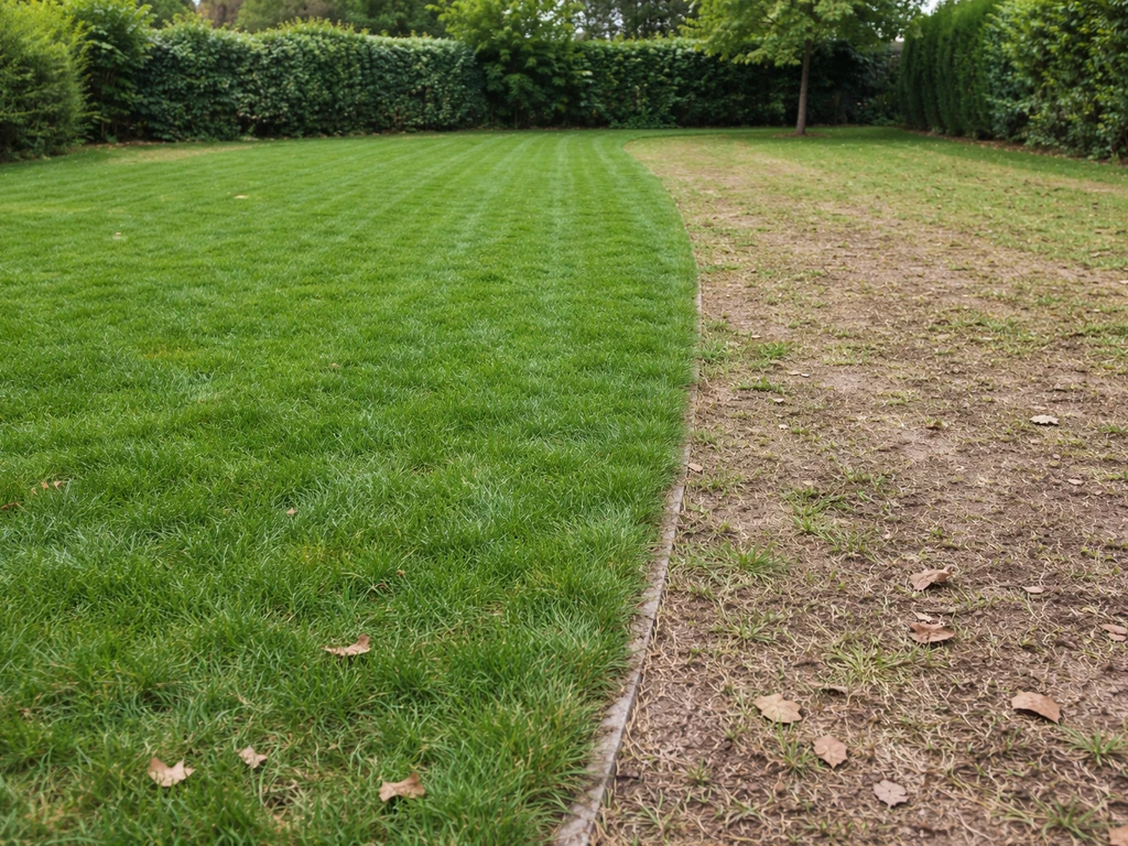 Pelouse de jardin avec zones plus vertes après réparation récente, bordure visible d’une zone abîmée.