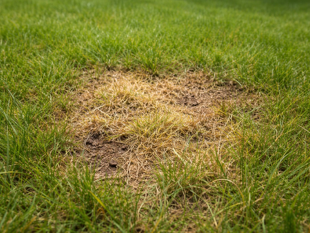 Gros plan d’une zone de pelouse jaunie et brûlée, texture irrégulière, sol visible, lumière naturelle.